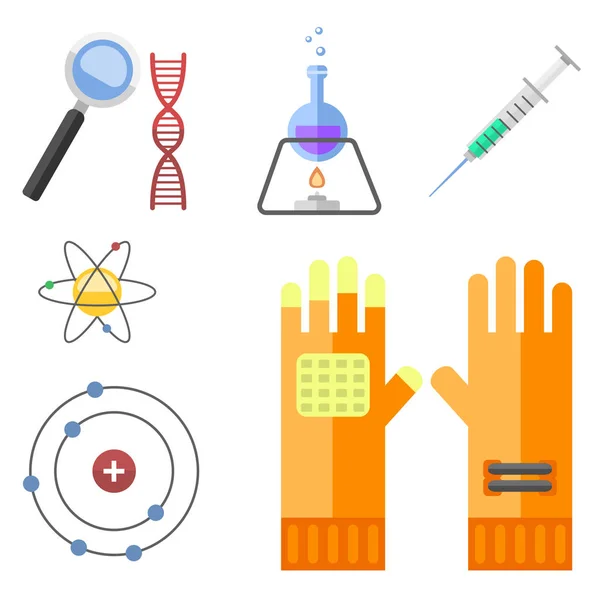 Símbolos de laboratorio prueba laboratorio médico biología científica diseño molécula microscopio concepto y biotecnología ciencia química iconos vector ilustración . — Vector de stock
