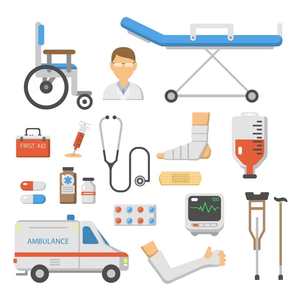 Медичні ікони встановлюють догляд за лікарнею швидкої допомоги екстреної допомоги людської аптеки Векторні ілюстрації . — стоковий вектор