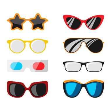 Güneş gözlüğü Aksesuar güneş gözlüğü plastik çerçeve modern gözlük vektör çizim moda ayarla.