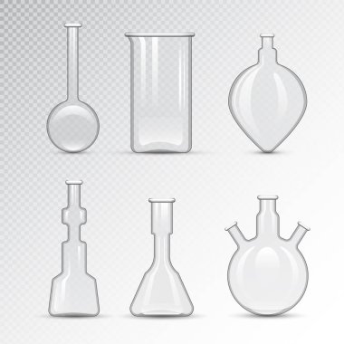 Kimyasal laboratuvar 3d laboratuvar şişesi cam tüp sıvı biyoteknoloji analizi ve tıbbi bilimsel ekipman vektör çizim.