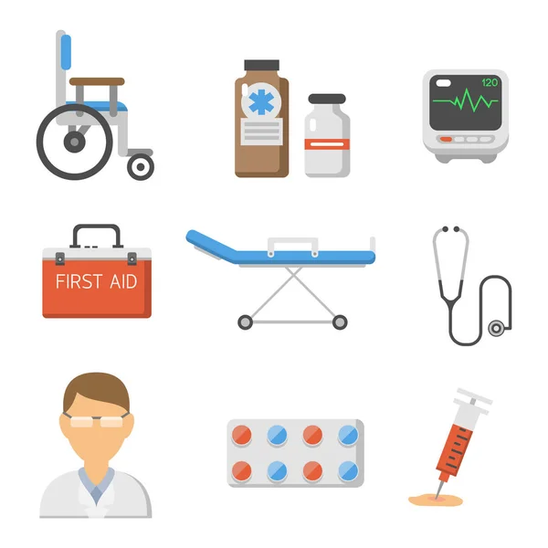Медицинские иконы установить помощь скорой помощи больницы экстренной аптеки человека векторной иллюстрации . — стоковый вектор