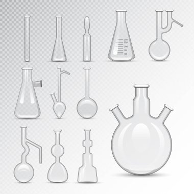 Kimyasal laboratuvar 3d laboratuvar şişesi cam tüp sıvı biyoteknoloji analizi ve tıbbi bilimsel ekipman vektör çizim.