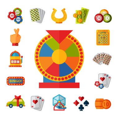 Casino oyun simgeleri poker kumarbaz sembolleri kazanan rulet joker slotbvector illüstrasyon blackjack.