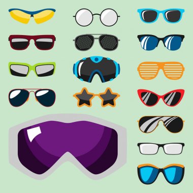 Güneş gözlüğü Aksesuar güneş gözlüğü plastik çerçeve modern gözlük vektör çizim moda ayarla.
