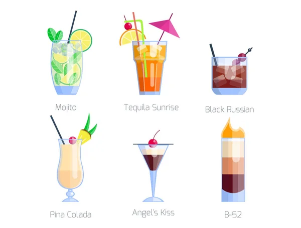 Conjunto de cócteles alcohólicos aislados fruta bebidas frías tropical cosmopolita frescura colección y fiesta alcohol dulce tequila vector ilustración . — Vector de stock