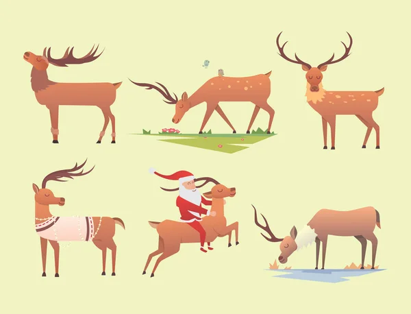 Noël renne vacances mammifère cerf Noël célébration mignonne décoration hiver art nouvel an faune animal et père Noël homme personnage vecteur illustration . — Image vectorielle