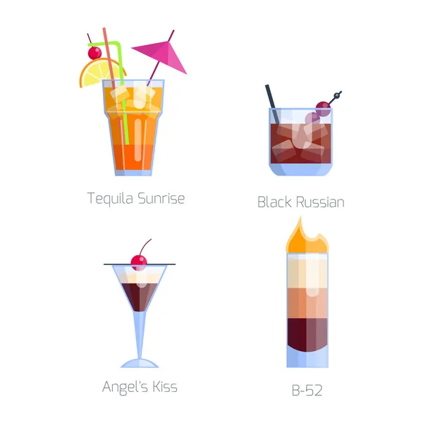 Uppsättning av alkoholhaltiga cocktails isolerade frukt kalla drycker tropiska kosmopolitiska friskhet insamling och part alkohol söta tequila vektorillustration. — Stock vektor