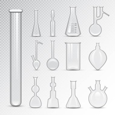 Kimyasal laboratuvar 3d laboratuvar şişesi cam tüp sıvı biyoteknoloji analizi ve tıbbi bilimsel ekipman vektör çizim.