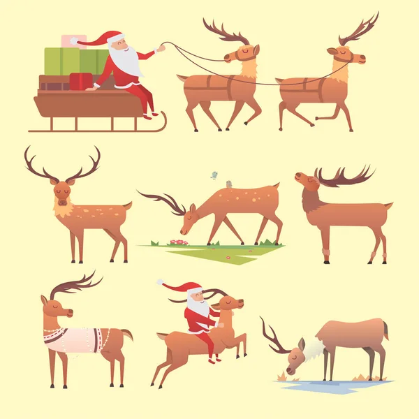 Noël renne vacances mammifère cerf Noël célébration mignonne décoration hiver art nouvel an faune animal et père Noël homme personnage vecteur illustration . — Image vectorielle