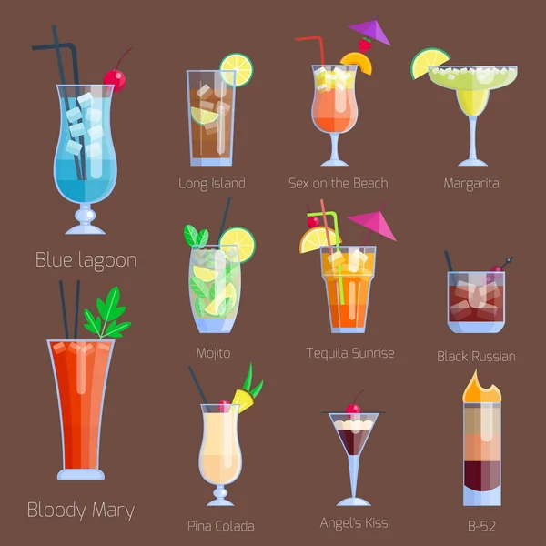 Set of alcoholic cocktails isolated fruit cold drinks tropical cosmopolitan freshness collection and party alcohol sweet tequila vector illustration. — Stock Vector