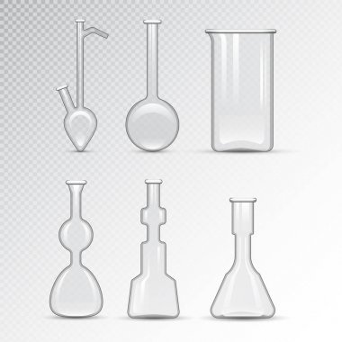 Kimyasal laboratuvar 3d laboratuvar şişesi cam tüp sıvı biyoteknoloji analizi ve tıbbi bilimsel ekipman vektör çizim.