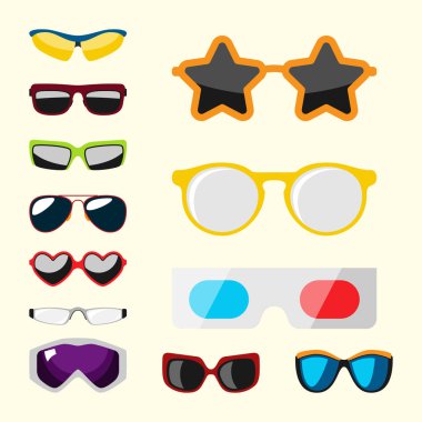 Güneş gözlüğü Aksesuar güneş gözlüğü plastik çerçeve modern gözlük vektör çizim moda ayarla.