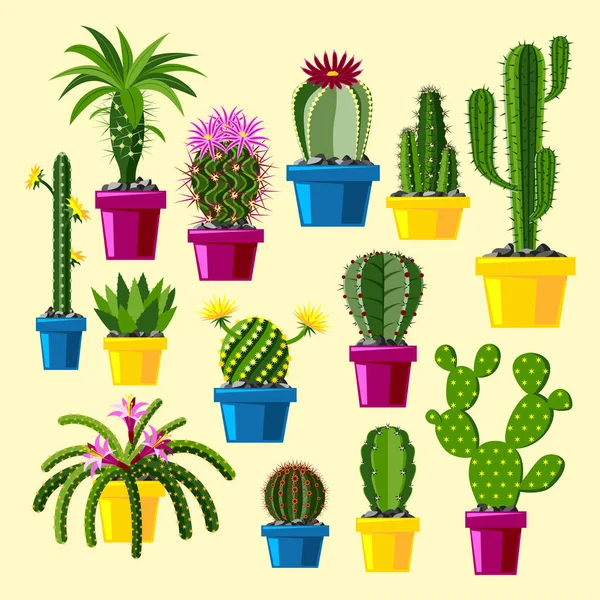 Gaya datar kaktus Kartun hijau gurun Kartun hijau gambar grafis mexican sukulen dan tropis tanaman seni cacti floral vector ilustrasi . - Stok Vektor