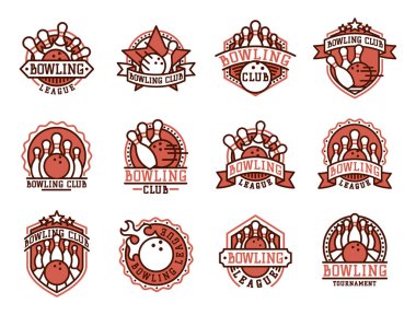 Bovling amblemi ve tasarım öğesi logo şablonu rozet madde için tasarım Spor lig takımları başarı ekipman şampiyon illüstrasyon vektör.