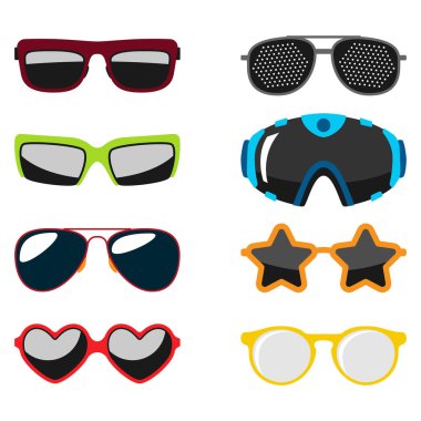 Güneş gözlüğü Aksesuar güneş gözlüğü plastik çerçeve modern gözlük vektör çizim moda ayarla.