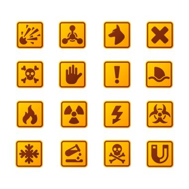 Yasak işaretleri set Sanayi üretim vektör sarı kırmızı uyarı tehlike sembolü güvenlik bilgileri ve koruma yasak izin verilen uyarı bilgisi yok.