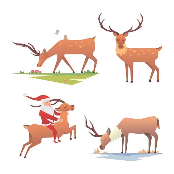 Noël renne vacances mammifère cerf Noël célébration mignonne décoration hiver art nouvel an faune animal et père Noël homme personnage vecteur illustration . — Image vectorielle