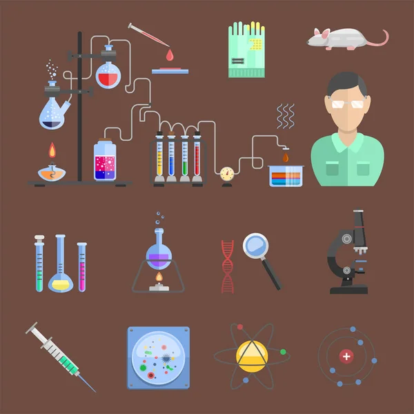 Lab symboler testa medicinska laboratorier vetenskaplig biologi designkoncept molekyl mikroskopet och bioteknik vetenskap kemi ikoner vektor illustration. — Stock vektor