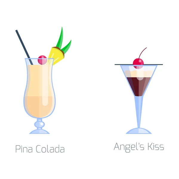 Set von alkoholischen Cocktails isolierte Früchte kalte Getränke tropische Pina Colada Frische und Party Alkohol süßen Tequila Vektor Illustration. — Stockvektor