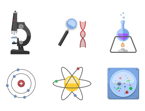 Os símbolos do laboratório testam o conceito científico do microscópio da molécula do projeto da biologia do laboratório médico e a ilustração do vetor dos ícones da química da ciência da biotecnologia . —  Vetores de Stock