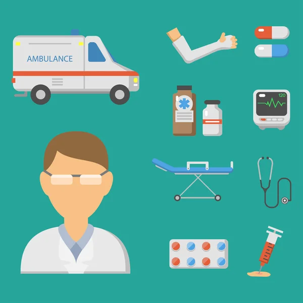 De pictogrammen van de medische instellen zorg ambulance ziekenhuis noodtoestand menselijke apotheek vectorillustratie. — Stockvector