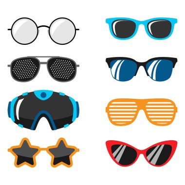 Güneş gözlüğü Aksesuar güneş gözlüğü plastik çerçeve modern gözlük vektör çizim moda ayarla.