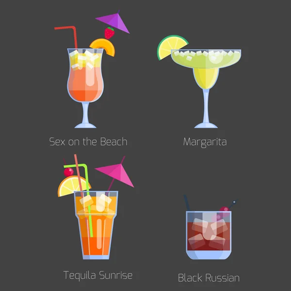 Set of alcoholic cocktails isolated fruit cold drinks tropical cosmopolitan freshness collection and party alcohol sweet tequila vector illustration. — Stock Vector
