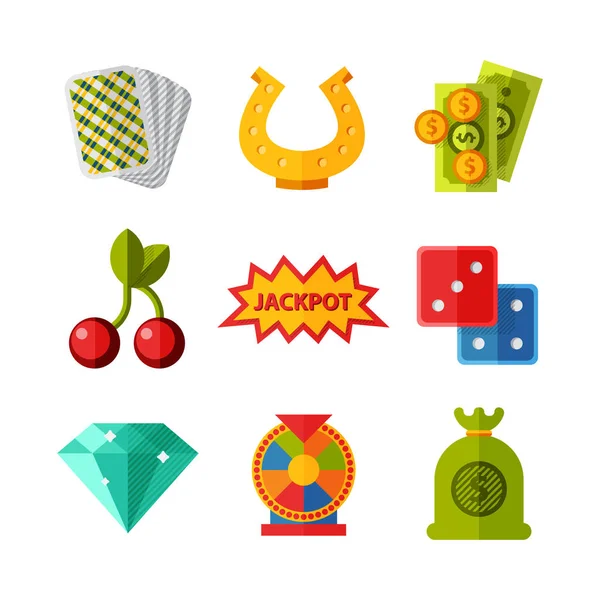 Casino játék ikonok póker játékos szimbólumok blackjack nyerő roulette joker slotbvector illusztráció. — Stock Vector