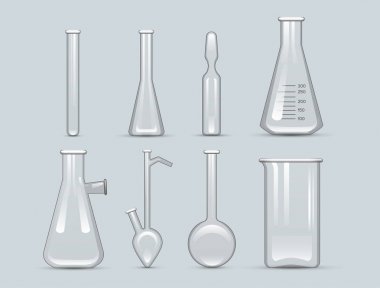 Kimyasal laboratuvar 3d laboratuvar şişesi cam tüp sıvı biyoteknoloji analizi ve tıbbi bilimsel ekipman vektör çizim.