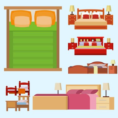 İç ev dinlenme koleksiyonu uyku mobilya rahat gece illüstrasyon vektör yatak Icon set.