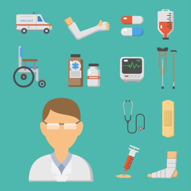 Bakım ambulans hastane acil insan eczane vektör çizim tıbbi Icons set.