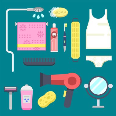Banyo ekipmanları simgeler modern duş renkli resimde banyo iç hijyen vektör tasarımı için.