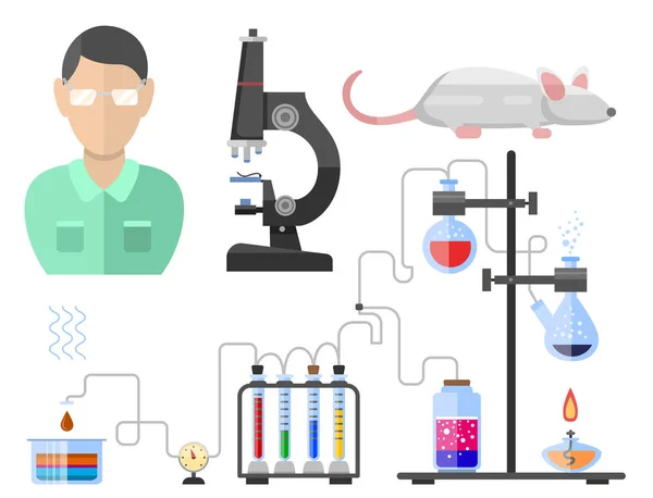 Simboli di laboratorio testare laboratorio medico biologia scientifica disegno molecola microscopio concetto e biotecnologia scienza chimica icone vettoriale illustrazione . — Vettoriale Stock