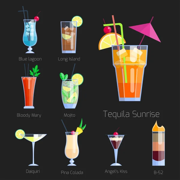 Set of alcoholic cocktails isolated fruit cold drinks tropical cosmopolitan freshness collection and party alcohol sweet tequila vector illustration. — Stock Vector