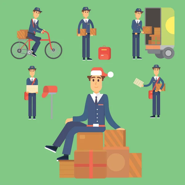 Postman delivery man character vector courier occupation carrier cute male package transportation. — Stock Vector