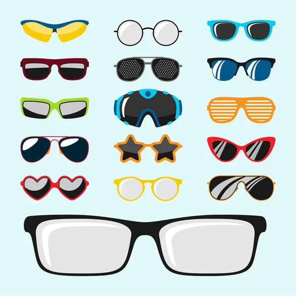 Мода набор солнцезащитных очков аксессуары солнцезащитные очки пластиковые рамки современные очки векторные иллюстрации . — стоковый вектор