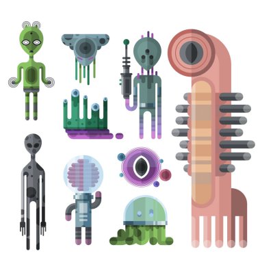 Farklı komik karikatür canavarlar sevimli uzaylı karakterleri ve yaratık mutlu illüstrasyon şeytan renkli hayvan vektör kümesi.