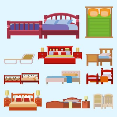 İç ev dinlenme koleksiyonu uyku mobilya rahat gece illüstrasyon vektör yatak Icon set.
