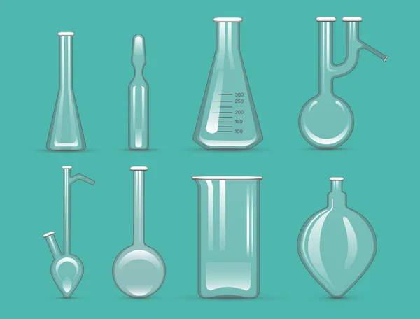 Laboratoire chimique 3d laboratoire fiole tube verrerie liquide biotechnologie analyse et équipement médical scientifique illustration vectorielle . — Image vectorielle