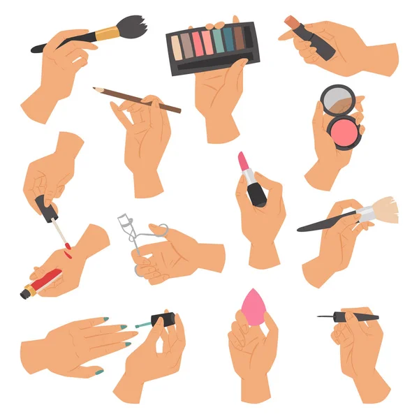 Collectie van make-up cosmetica en borstels in handen geïsoleerd op een witte achtergrond vectorillustratie. — Stockvector