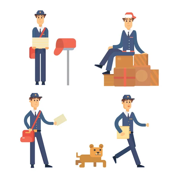 Postman delivery man character vector courier occupation carrier cute male package transportation. — Stock Vector