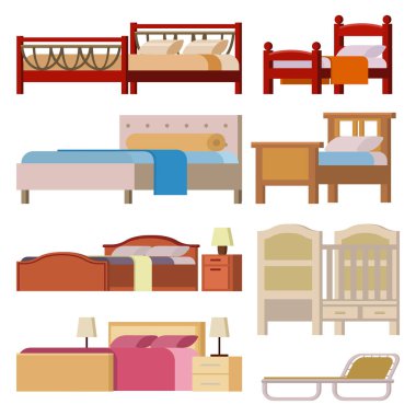 İç ev dinlenme koleksiyonu uyku mobilya rahat gece illüstrasyon vektör yatak Icon set.