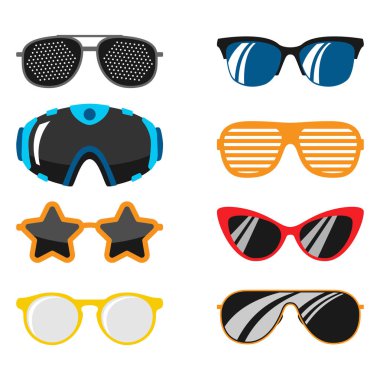 Güneş gözlüğü Aksesuar güneş gözlüğü plastik çerçeve modern gözlük vektör çizim moda ayarla.