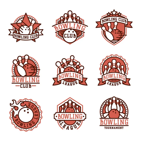 Emblema de boliche vetorial e design elemento logotipo modelo emblema item design para equipes de liga esportiva sucesso equipamentos campeão ilustração . —  Vetores de Stock