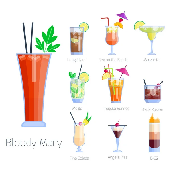 Aantal alcoholische cocktails geïsoleerde groenten koude dranken tropische kosmopolitische versheid collectie en partij alcohol zoete tequila vectorillustratie. — Stockvector