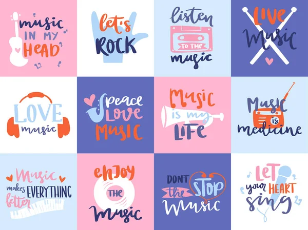 Musik Liebe Motivation Labels Abzeichen Karaoke verwandte Vintage Design Elemente Vektor Illustration. — Stockvektor