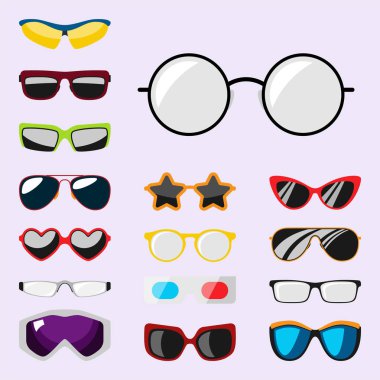 Güneş gözlüğü Aksesuar güneş gözlüğü plastik çerçeve modern gözlük vektör çizim moda ayarla.