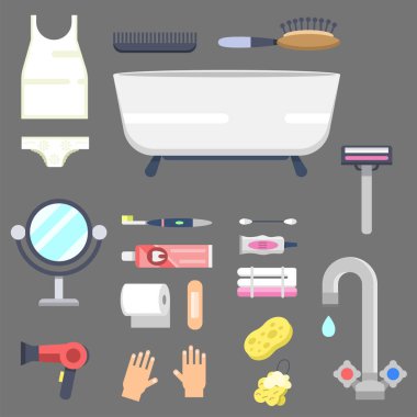 Banyo ekipmanları simgeler modern duş renkli resimde banyo iç hijyen vektör tasarımı için.