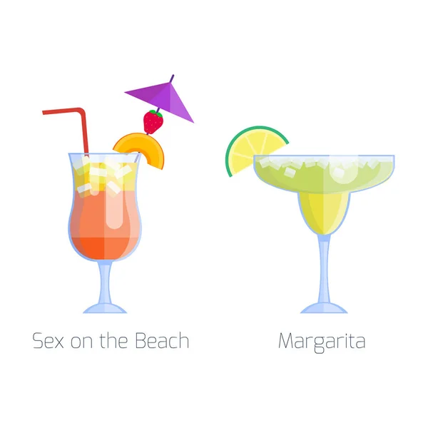 Conjunto de cócteles alcohólicos frutas aisladas bebidas frías margarita tropical frescura y fiesta alcohol dulce tequila vector ilustración . — Archivo Imágenes Vectoriales