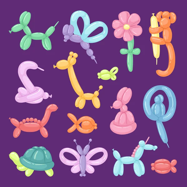 Ballon dieren vector illustratie cartoon instellen feestelijke aanwezig afgeronde verjaardag spelletjes kleurrijke speelgoed. — Stockvector